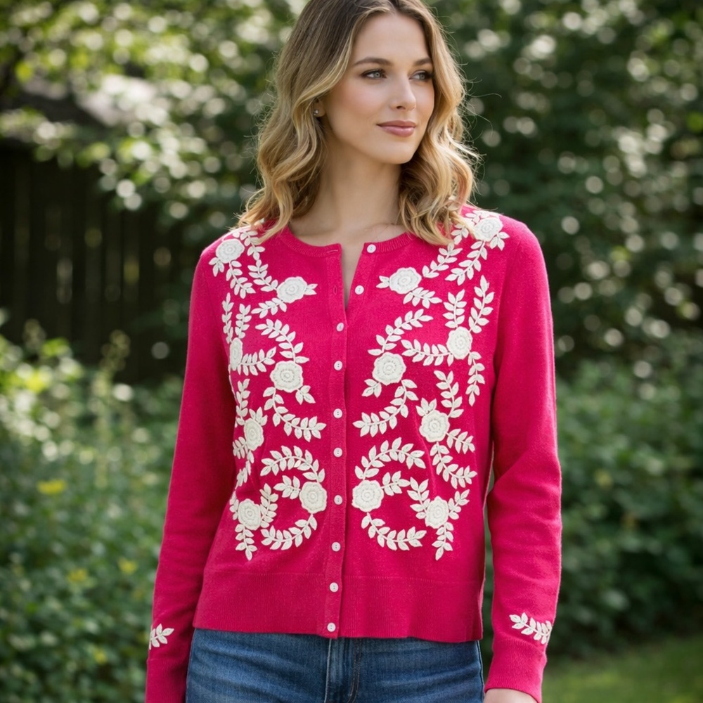 SUNDANCE Pink Full Button Cardigan with Cream Floral Embroidery Size Medium